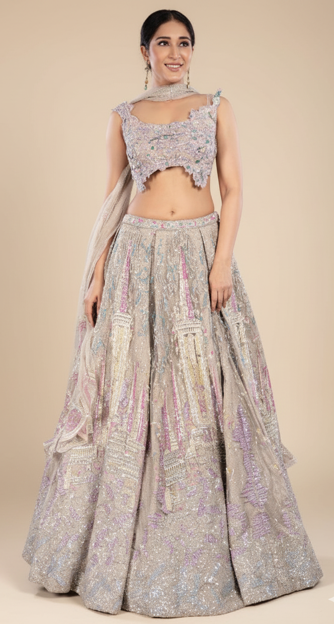 Beige with pink and green accents bridal lehenga with a generous flare in net, Nazranaa