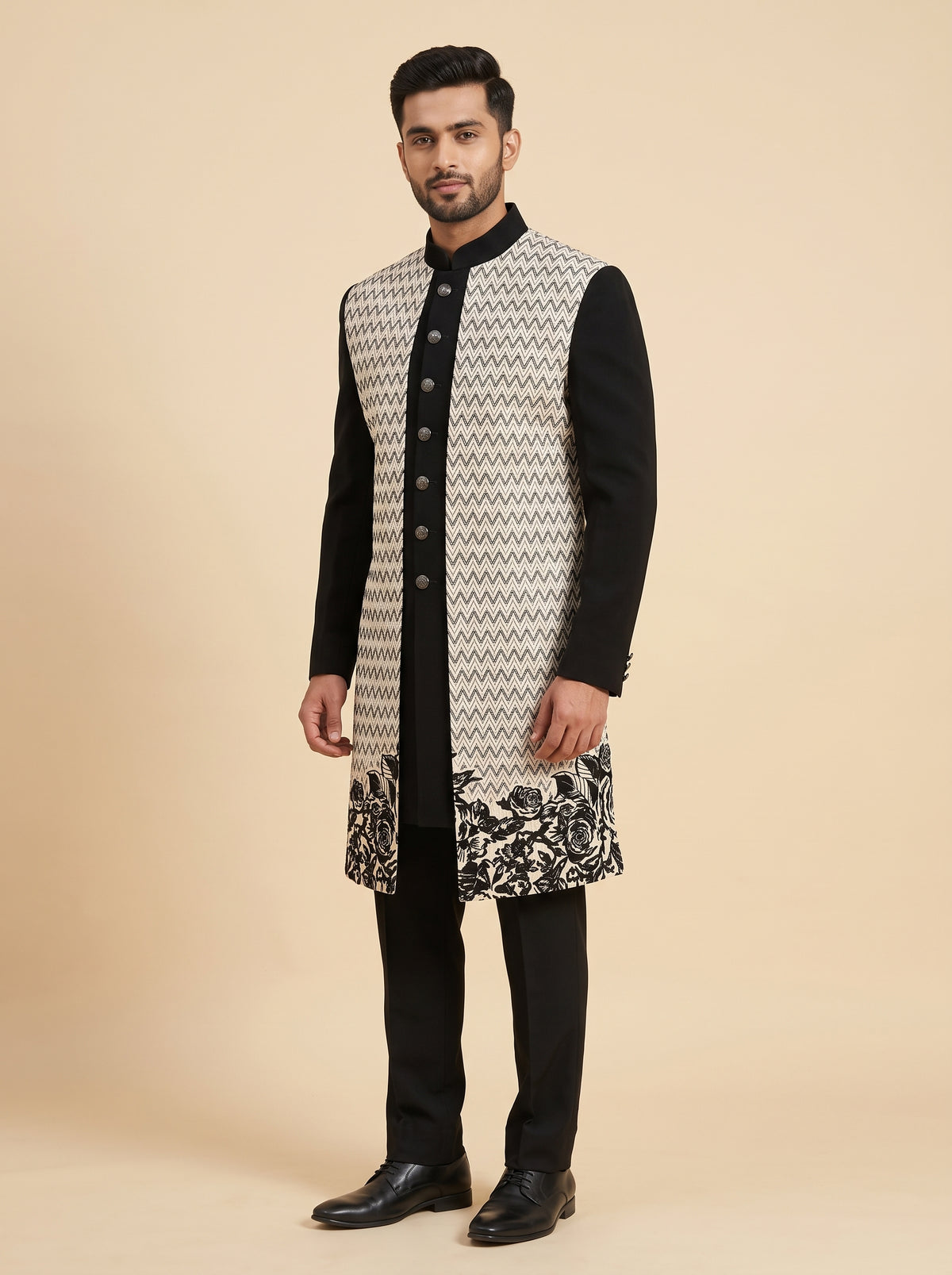 Black & White Chevron Three-Piece Open-Jacket Sherwani Set