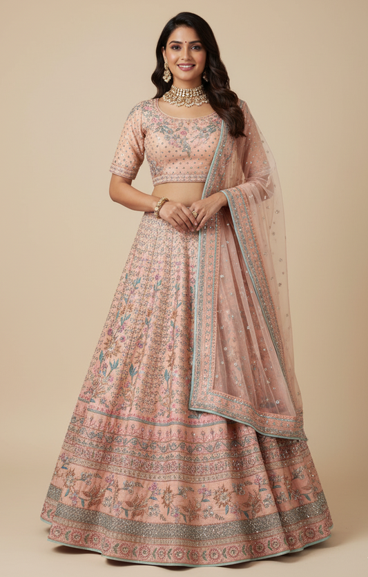 Blush Pink Multicolor Embroidered Bridal Lehenga in Raw Silk