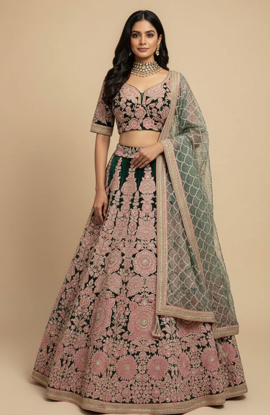 Bottle-green with blush pink embroidery lehenga in velvet, Nazranaa