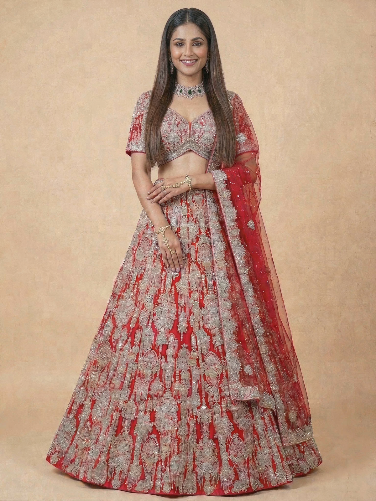 Bright Red Net With Satin Lining Intricate Silver Zardozi Embroidery Lehenga