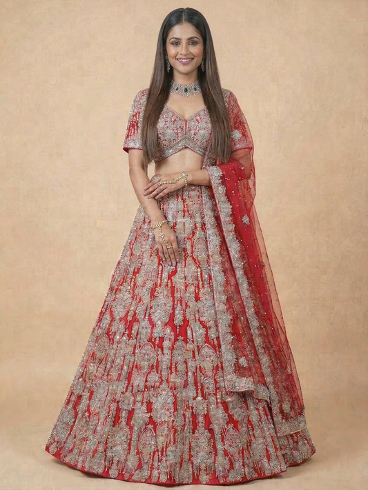 Bright red modern bridal lehenga with a contemporary silhouette, paired with a flowing red dupatta in net with satin lining, Nazranaa