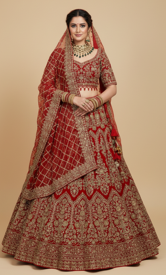 Bright red bridal lehenga in velvet, Nazranaa