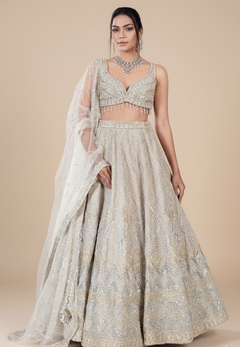 Cornsilk bridal lehenga with a modern-cut blouse in organza, Nazranaa