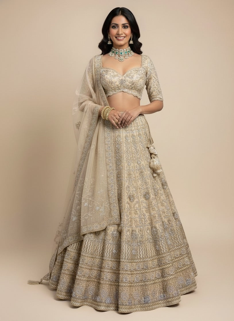 Beige Champagne Lehenga with Shimmering Embroidery