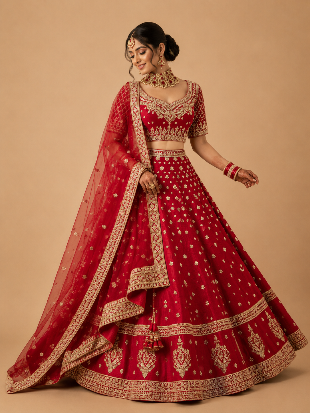 Red Raw Silk Embroidery Lehenga