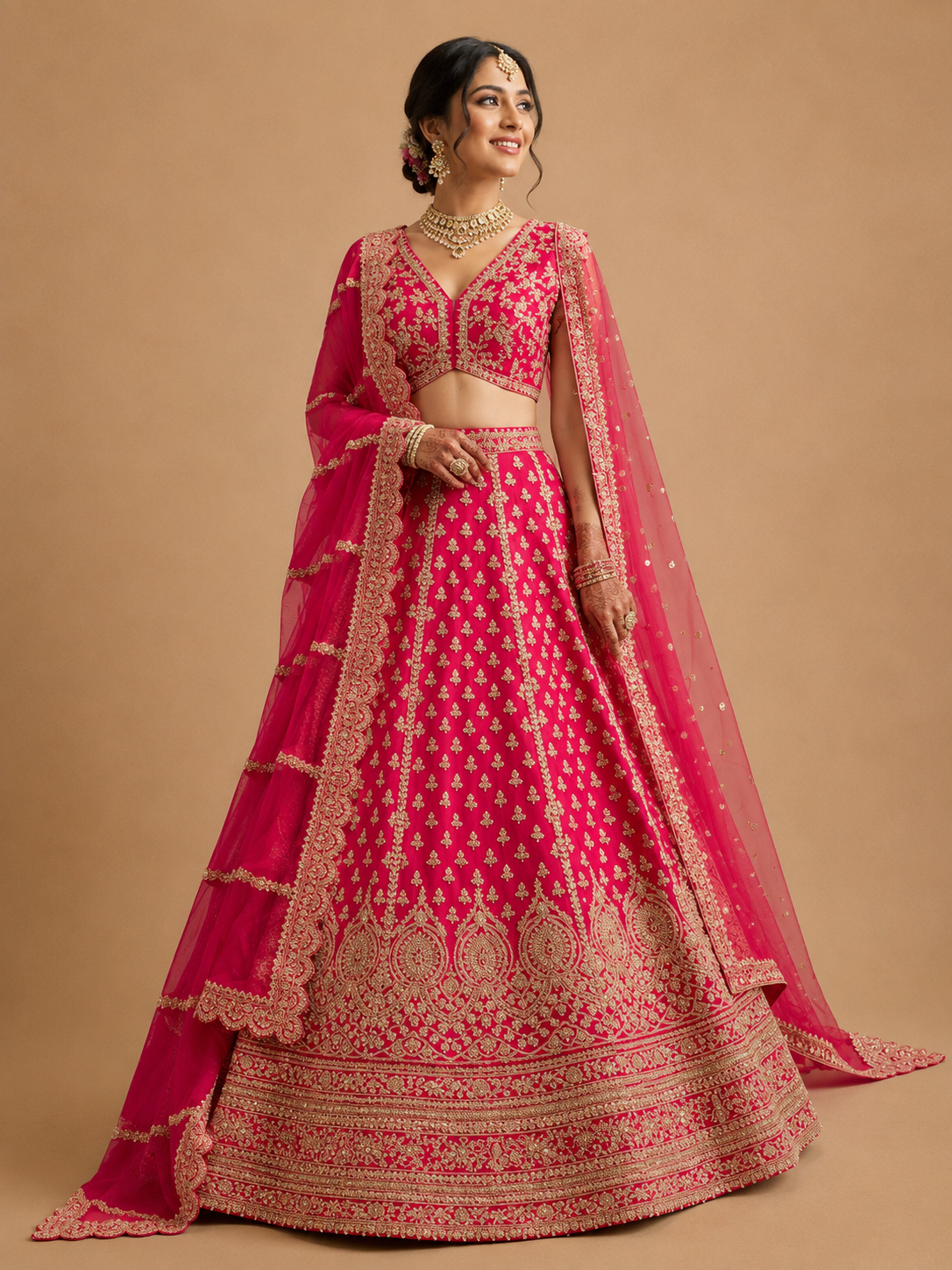 Red Raw Silk Aariwork Lehenga