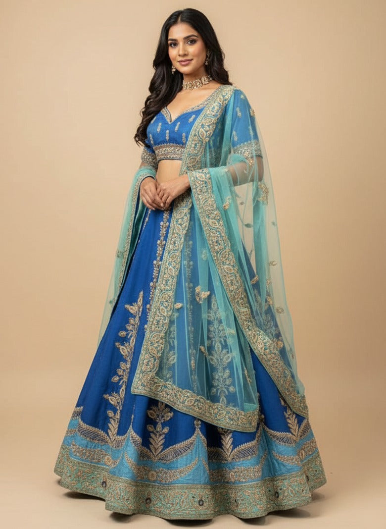Blue Traditional Floral And Paisley Motifs Lehenga