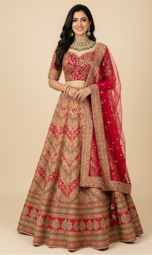 Multicolor with a bold red blouse and two dupattas bridal lehenga (style BL-448, Rajasthani heritage-inspired) in raw silk, Nazranaa