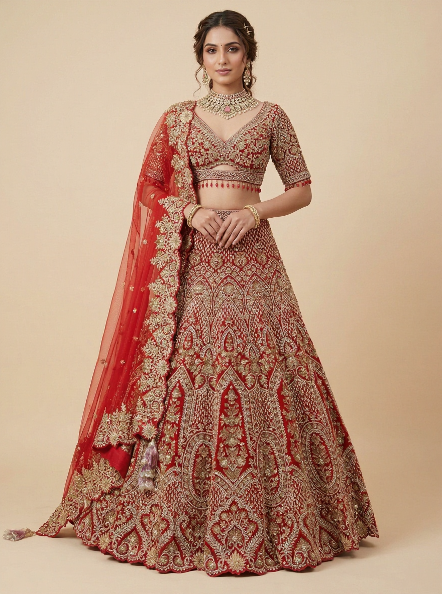 Red Velvet Intricate Pearl Work And Shimmering Lehenga