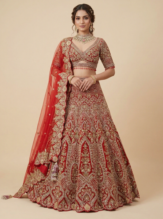 Red pearl-work bridal lehenga with a peplum blouse cut with heavy embellishment work and a scalloped border dupatta in velvet, Nazranaa