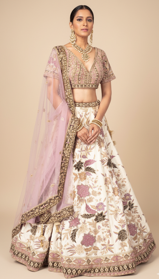 Floral White Bridal Lehenga with Floral Embroidery in Raw Silk