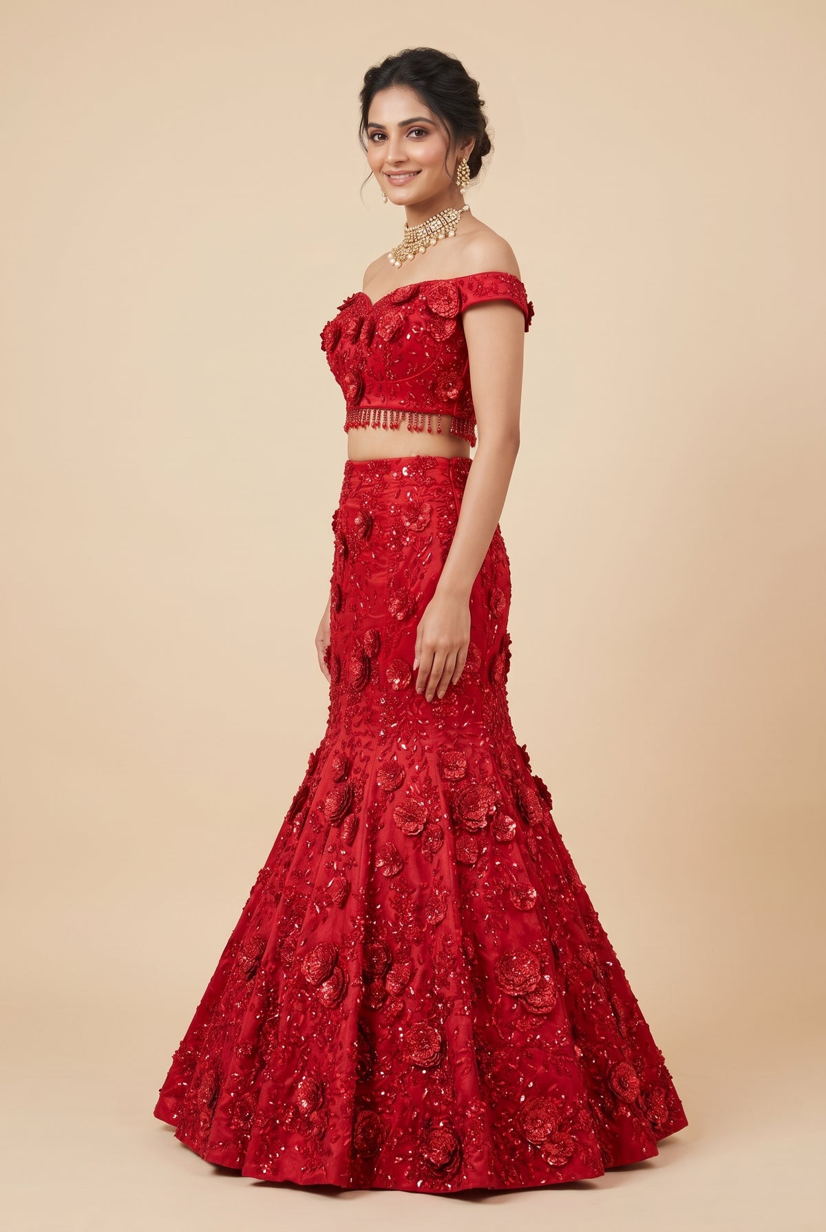Scarlet Blossom Off-Shoulder Lehenga Set
