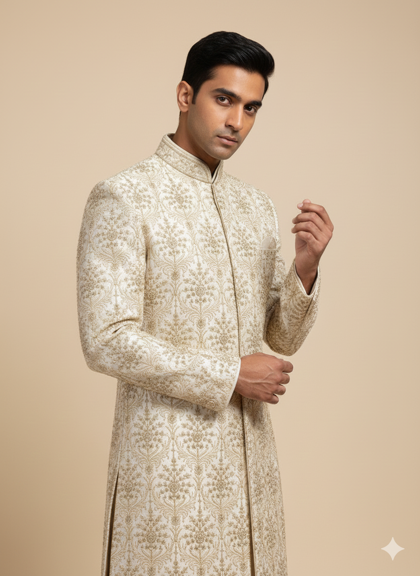 Beige Embroidered Wedding Sherwani