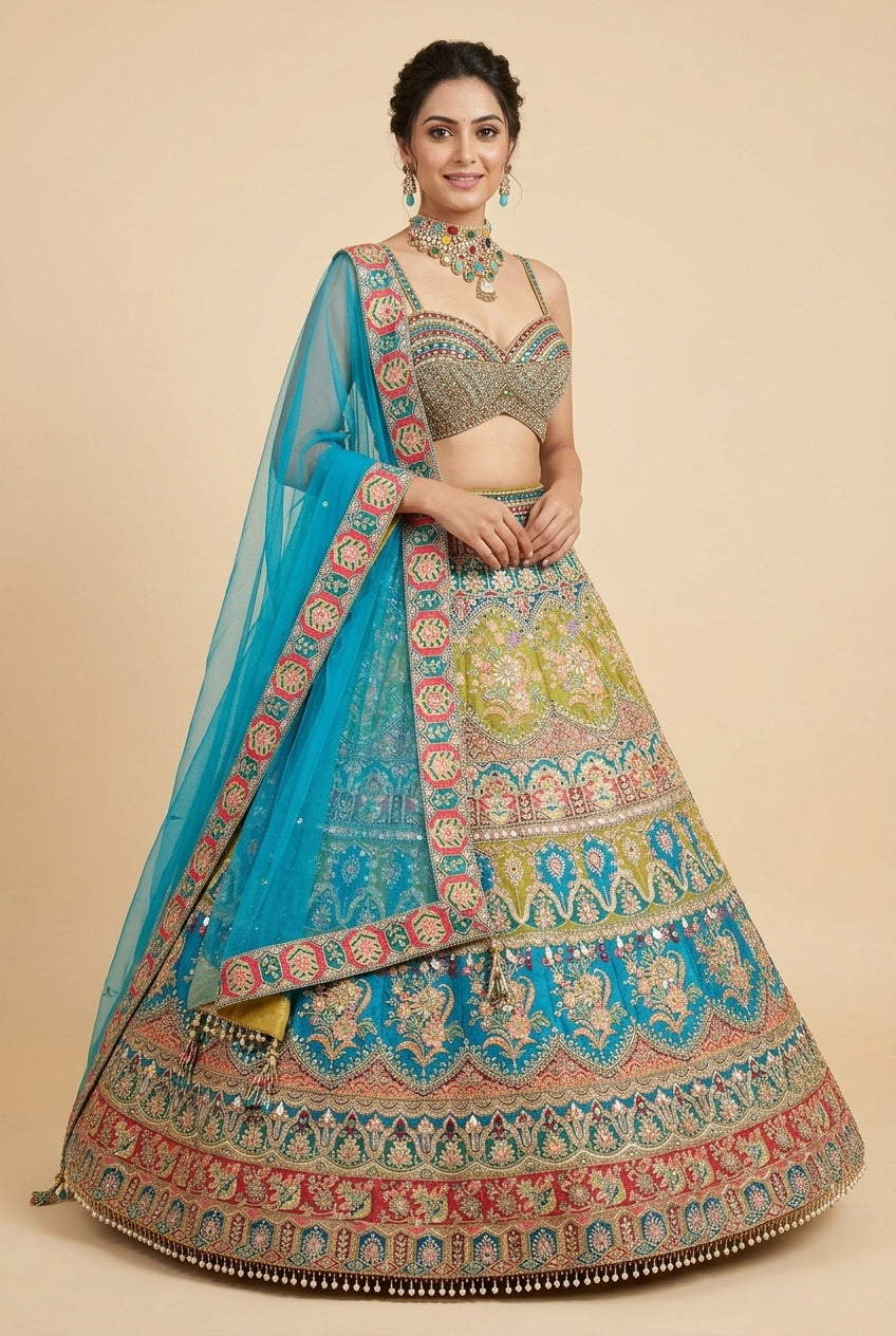 Peacock Multi-Tone Mirror-Work Lehenga