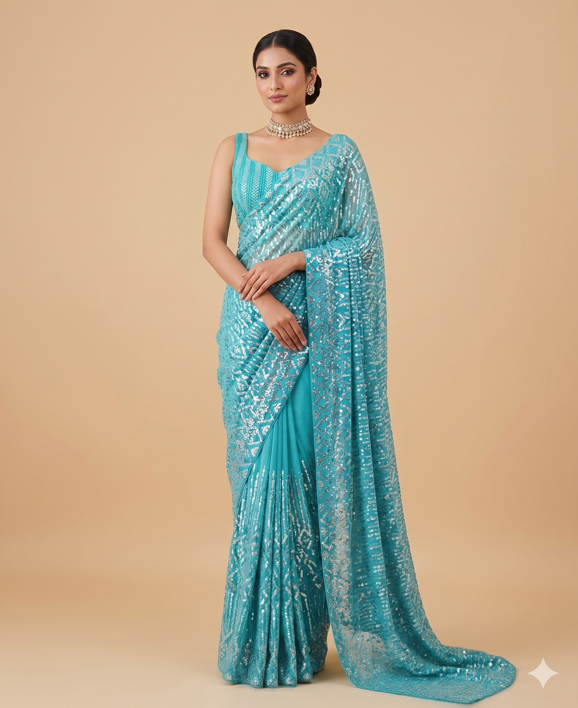 Aqua Blue Sequin Saree with Stripe Work and Sleeveless Blouse