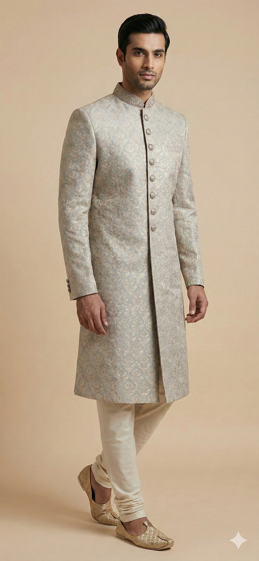 Slate Grey Woven Silk Sherwani- R14-N75