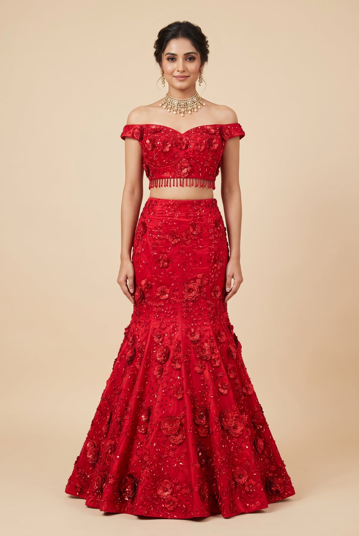 Scarlet Blossom Off-Shoulder Lehenga Set