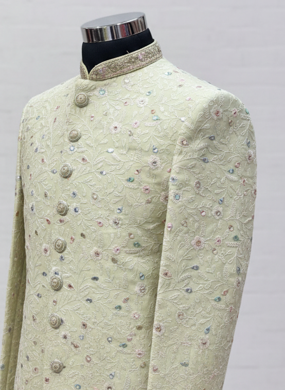Mint Green Thread Embroidered Sherwani- 1257