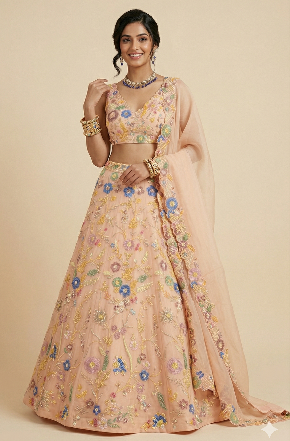 Peach Lehenga with Multicolor Floral Embroidery and Net Dupatta