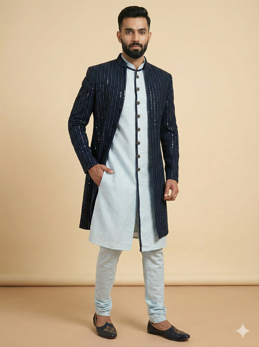 Dark Blue Open Jacket Sherwani- S28-515