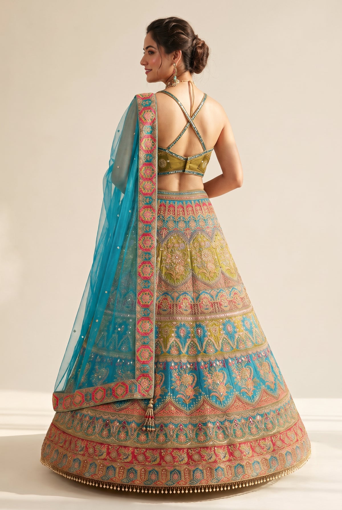 Peacock Multi-Tone Mirror-Work Lehenga
