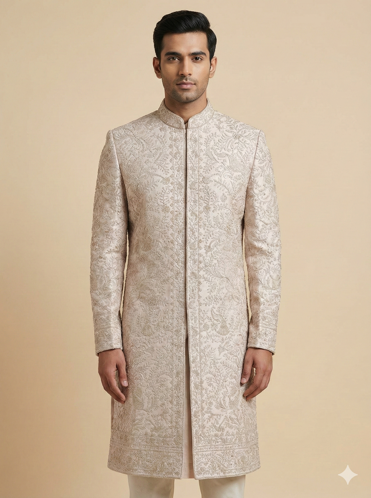 Blush Beige Tonal Floral Embroidered Sherwani with Churidar