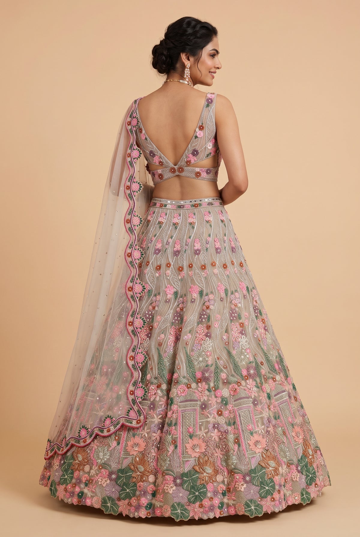 Silver Grey & Rose Floral Embroidered Lehenga