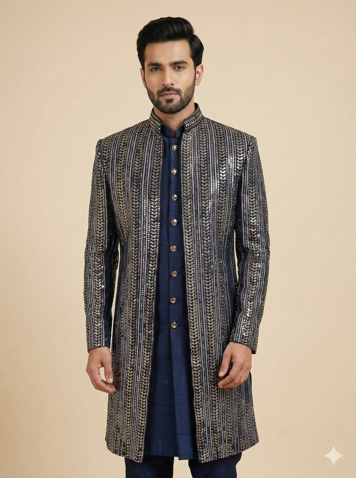 Slate Blue Sequin Embroidered Open Jacket Sherwani with Navy Kurta and Churidar
