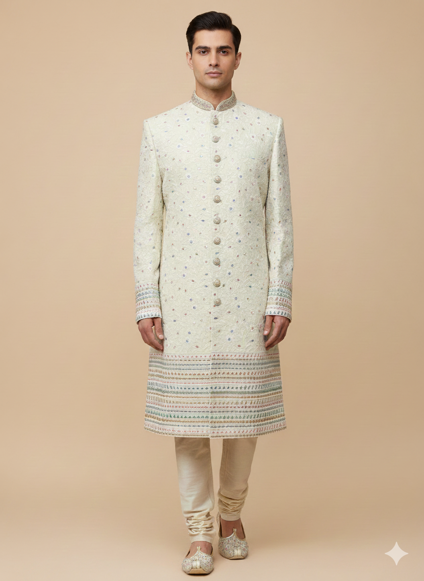 Mint Green Thread Embroidered Sherwani- 1257