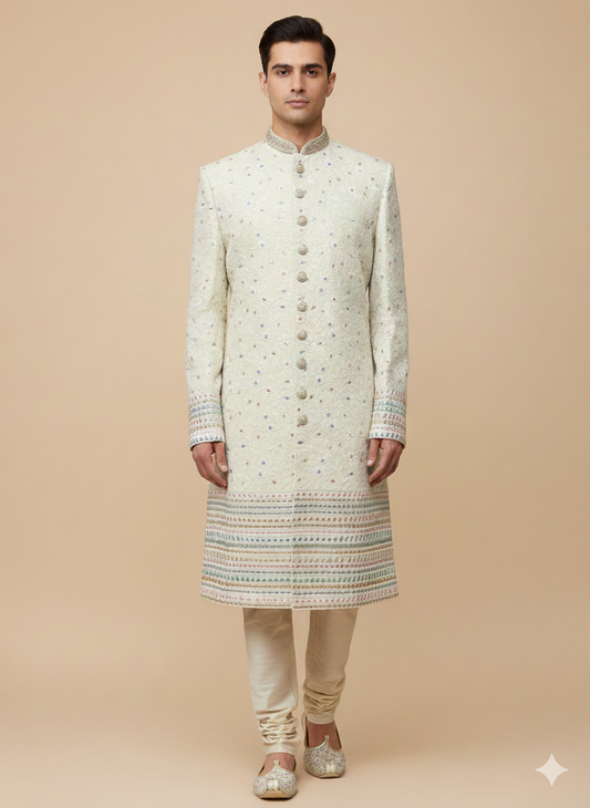 Mint Green Thread Embroidered Sherwani- 1257