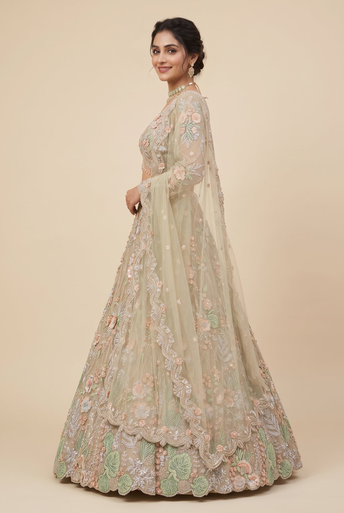 Taupe Beige Botanical Bridal Lehenga Set
