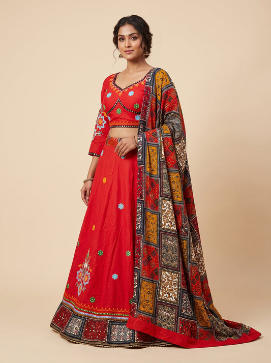 Red Navratri Lehenga Multi Accent