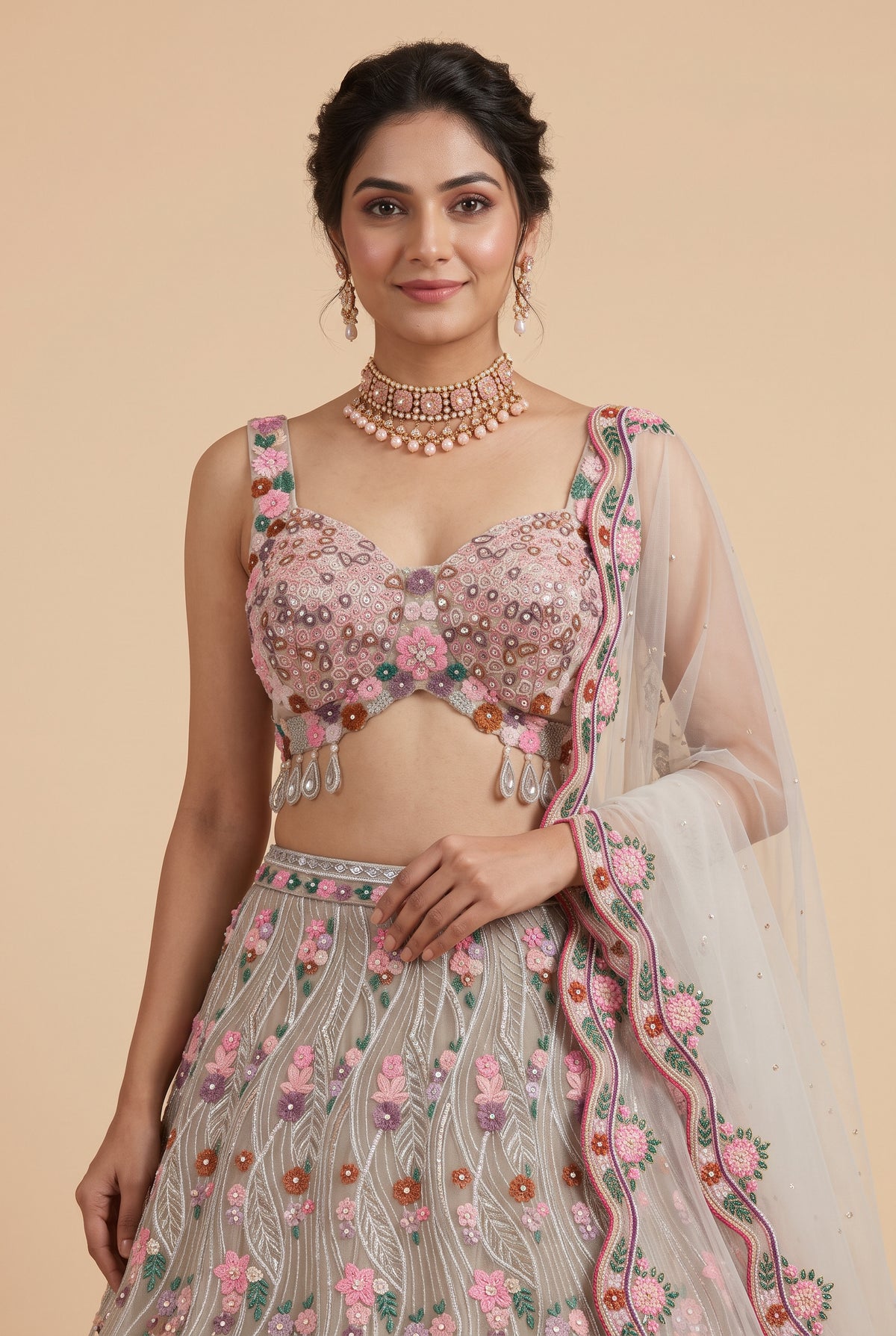 Silver Grey & Rose Floral Embroidered Lehenga