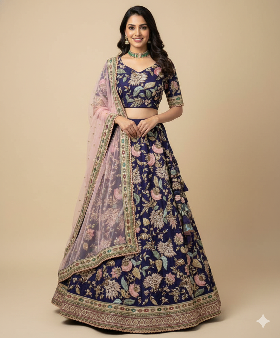 Deep Purple Bridal Lehenga with Multicolor Floral Embroidery and Blush Net Dupatta
