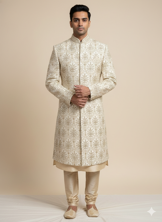 Beige Embroidered Wedding Sherwani
