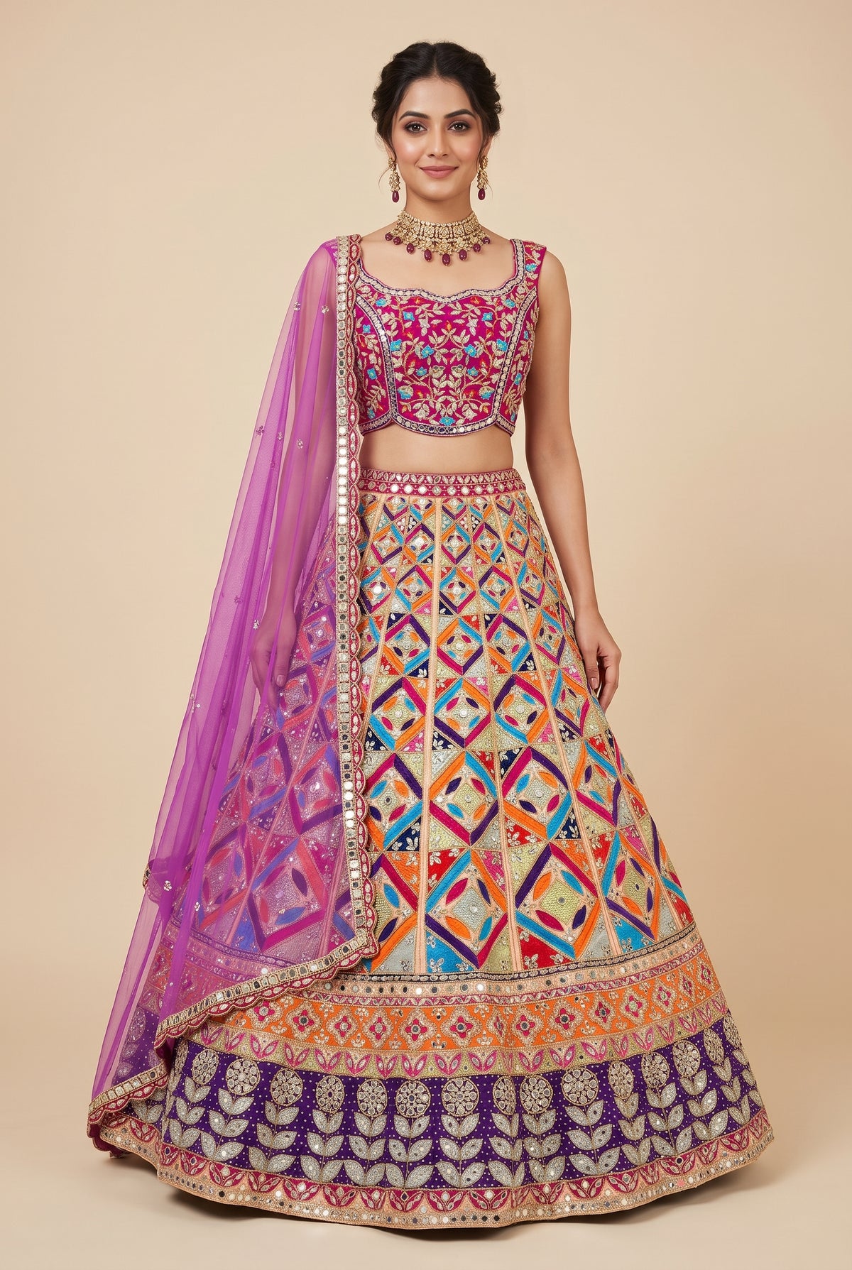 Bright Multi-Tone Geometric Lehenga