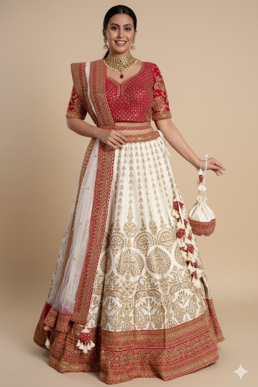 Ivory Bridal Lehenga with Gold Work, Red Border and Red Blouse