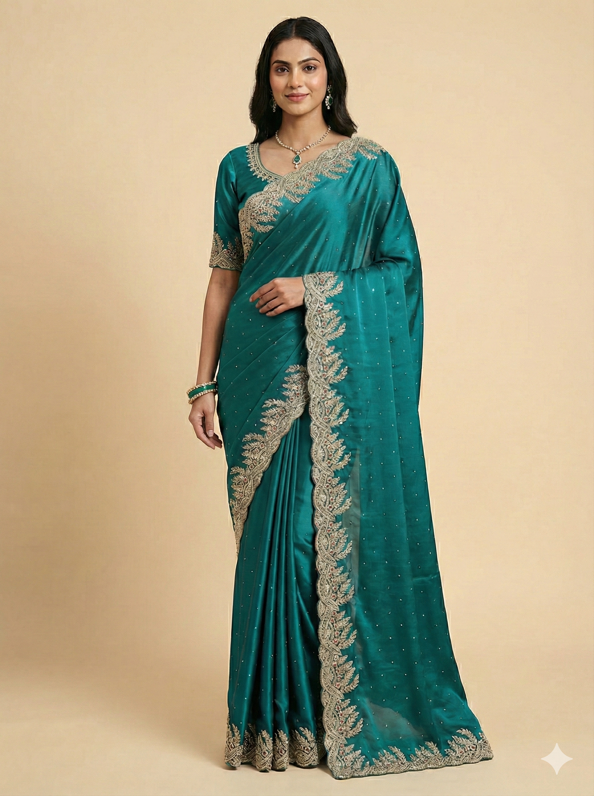 Teal Saree with Gold Scalloped Embroidered Border and Blouse