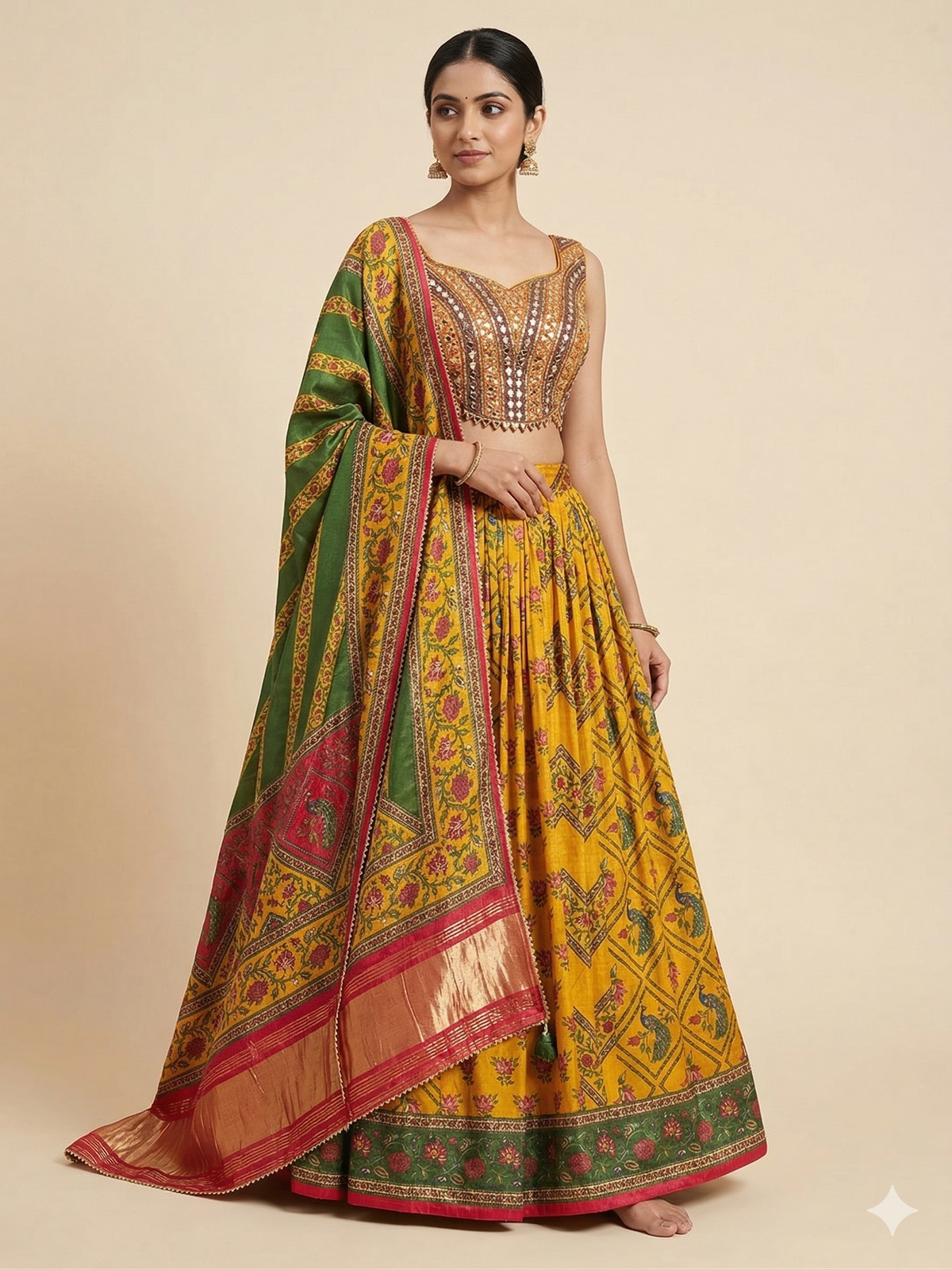 Mustard Yellow Printed Lehenga with Green Patola Dupatta