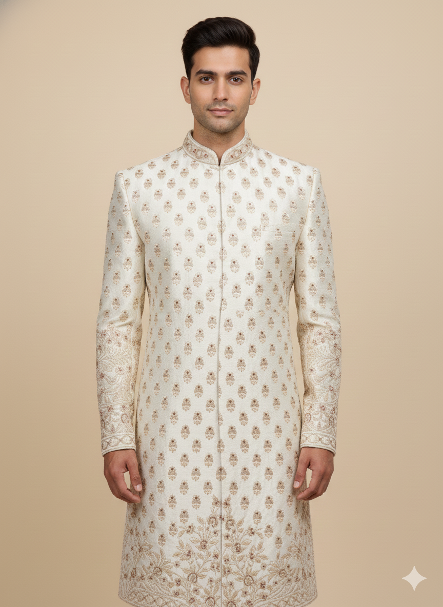 Beige Cream Thread Embroidered Sherwani- R14-N48