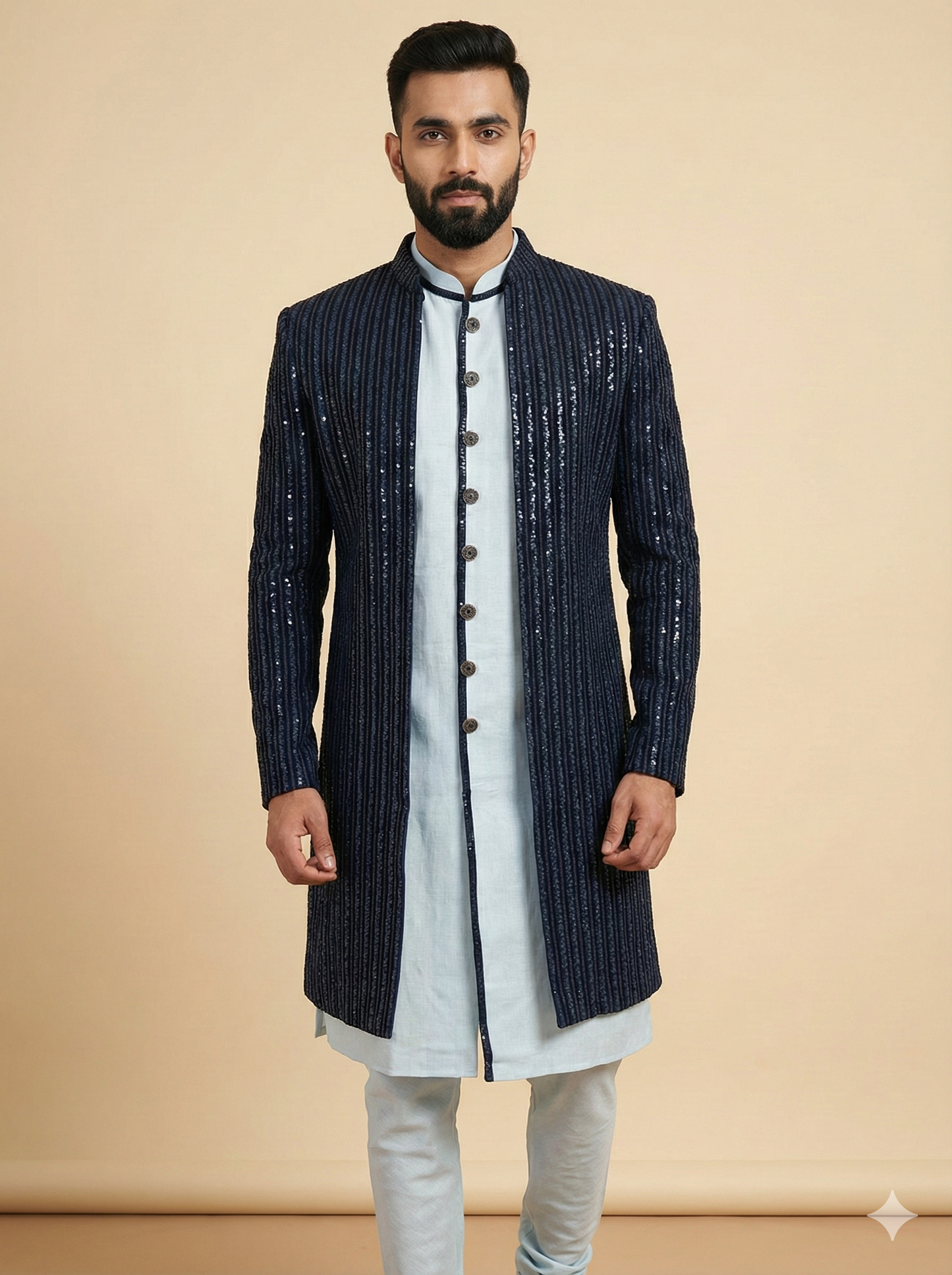 Dark Blue Open Jacket Sherwani- S28-515