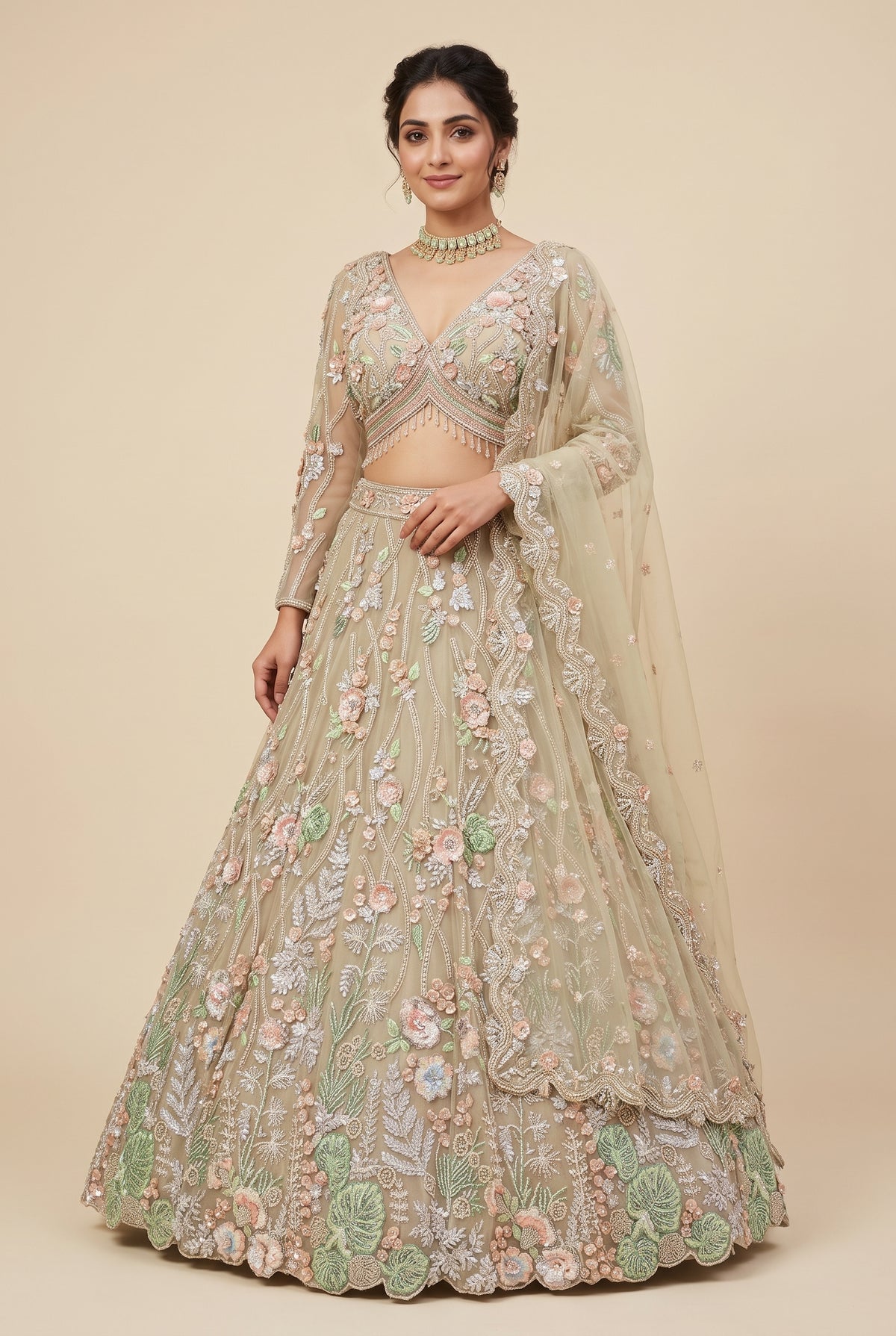 Taupe Beige Botanical Bridal Lehenga Set