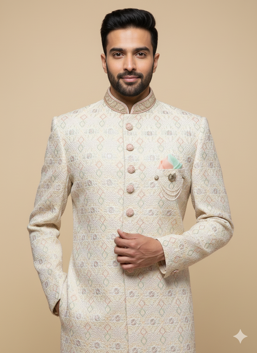 Salmon Peach Thread Embroidered Sherwani- S1298