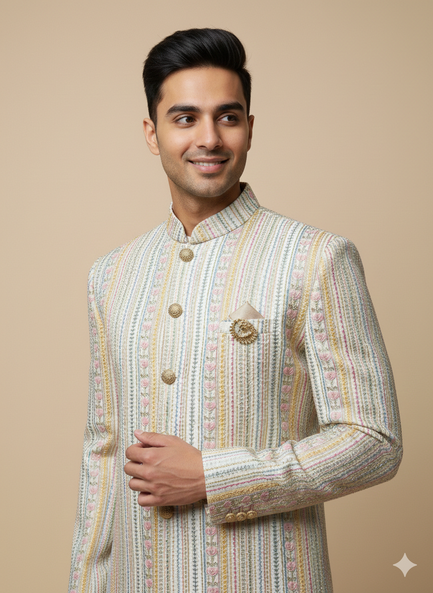 Multicolor Pastel Striped Sherwani with Cream Churidar