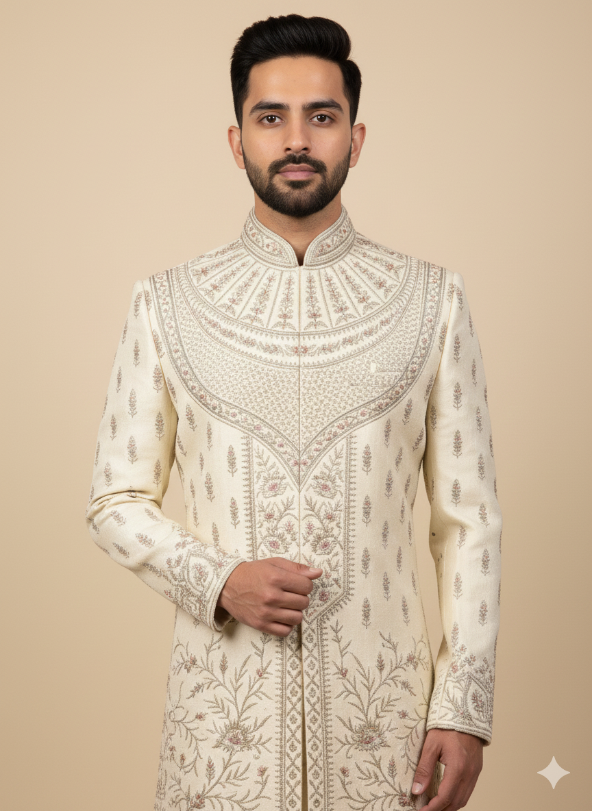 Rajwadi Cream Thread Embroidered Sherwani-R14-N43