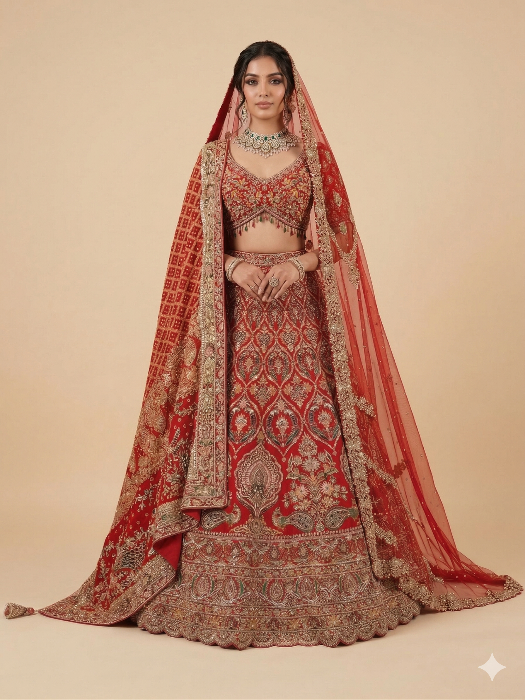 Red Bridal Lehenga with Gold Zari Border and Long Train Net Dupatta