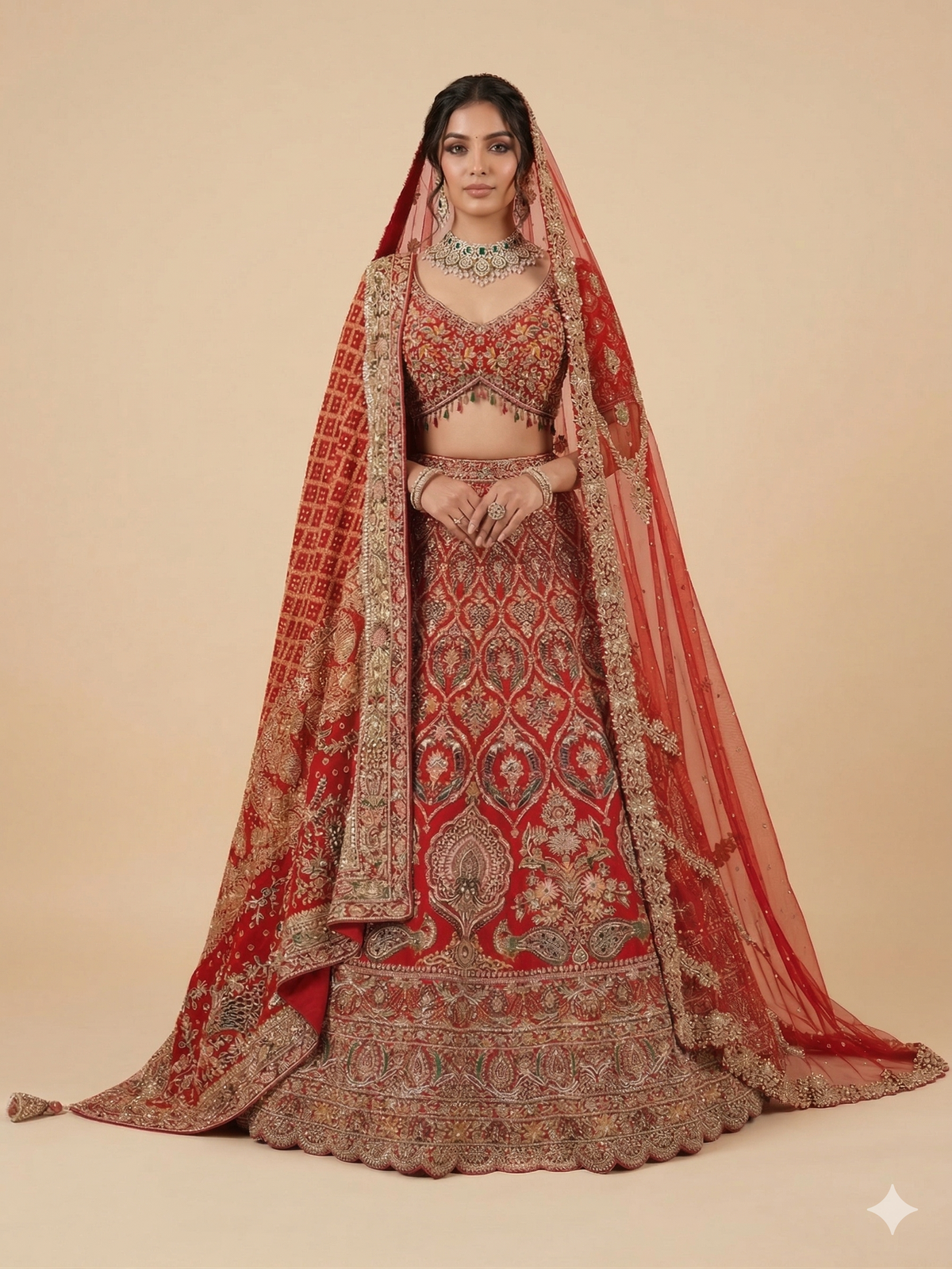 Red Bridal Lehenga with Gold Zari Border and Long Train Net Dupatta