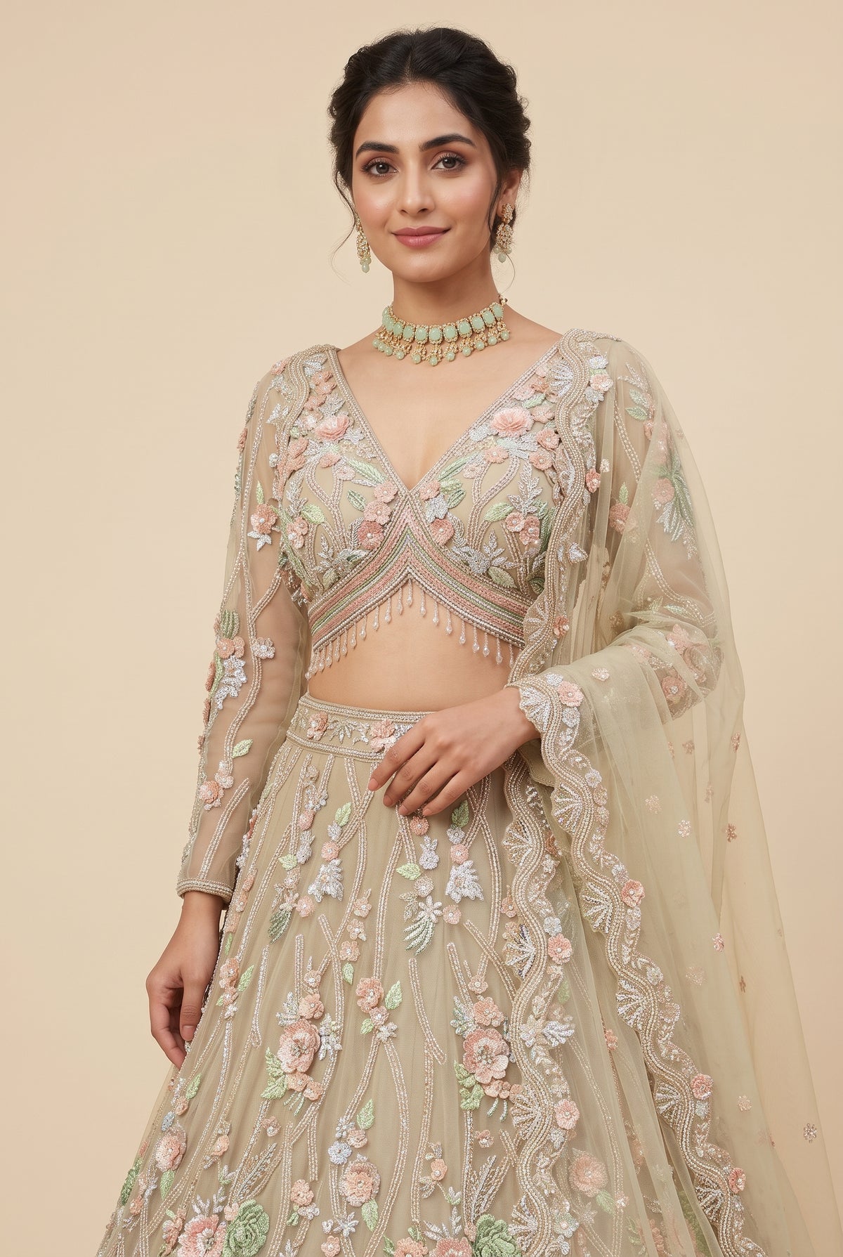 Taupe Beige Botanical Bridal Lehenga Set