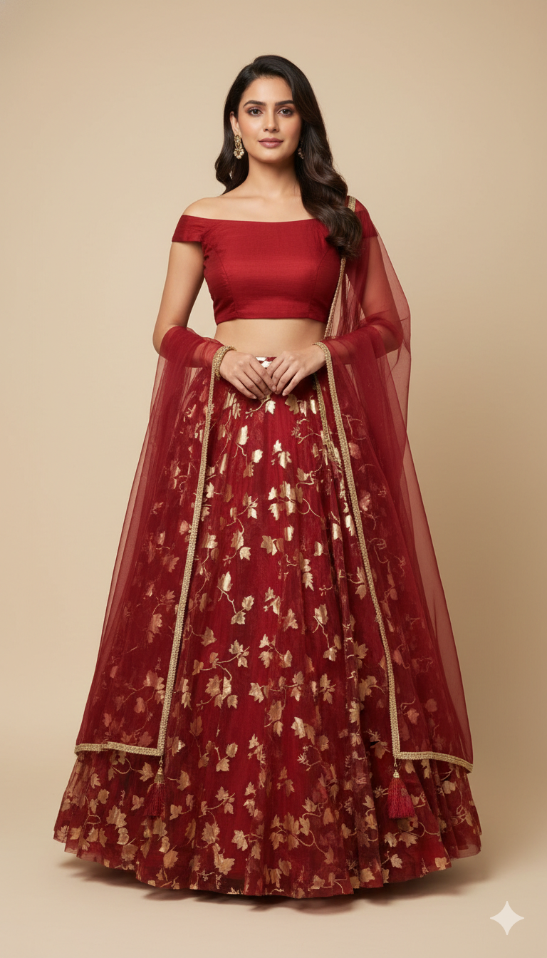 Maroon Off Shoulder Bridesmaid's Lehenga
